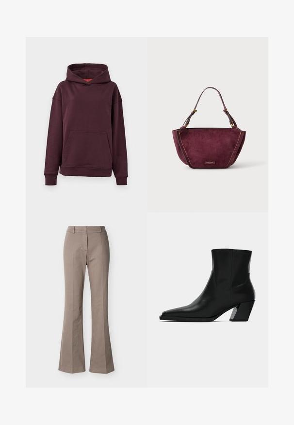 Hoodie bourgogne avec une poche kangourou, des manches larges et une capuche spacieuse. Fabriqué en tissu doux et extensible en mélange de coton.; Pantalon beige taille haute à jambes larges, avec détails de couture à l'avant, passants de ceinture et fermeture frontale cachée, présenté sur un fond blanc.; Bottine en cuir noir avec un bout pointu, une silhouette élégante et un talon carré massif. Texture lisse avec des détails de couture minimalistes.; Petit sac à main en daim violet foncé avec une sangle courte et des éléments dorés sur un fond clair uni.