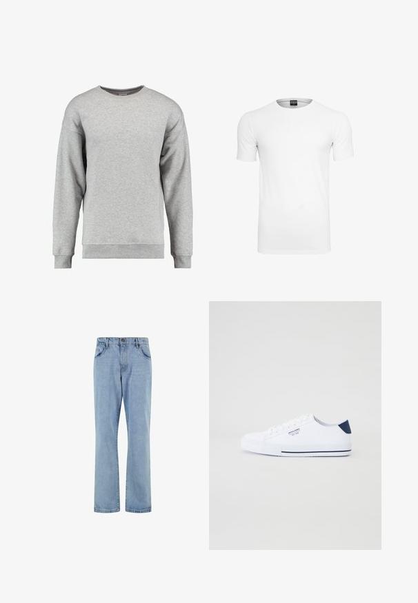 Grijze crewneck sweater gemaakt van zachte katoen. Heeft lange mouwen, ribbelboorden en een ribbelzoom, en heeft een eenvoudig, onopgesmukt ontwerp.; Effen witte t-shirt met korte mouwen en ronde hals op een witte achtergrond, met een vooraanzicht en een zichtbaar merklabel aan de binnenkant van de kraag.; Lichtblauwe rechte spijkerbroek met voorzakken, riemlussen en knoopsluiting op een witte achtergrond.; Witte canvas sneakers met een marineblauwe hielaccent, platte rubberen zool, ronde neus en witte veters. Kenmerkt logo op de zijkant.