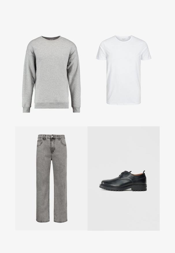 Grau Crewneck-Pullover aus weicher Baumwolle. Verfügt über lange Ärmel, gerippte Bündchen und Saum sowie ein schlichtes, unauffälliges Design.; Rundhals-T-Shirt mit kurzen Ärmeln in reinem Weiß, aus weicher Baumwolle, mit einem schlichten Design ohne sichtbare Muster oder Akzente.; Gerade geschnittene graue Denim-Jeans mit Frontknopf und Reißverschluss, Vorder- und Gesäßtaschen sowie sichtbaren Nahtnähten.; Schwarze Leder Derby-Schuhe mit glatter Textur, runder Zehenform, Schnürdesign und einer dicken, robusten Gummisohle.