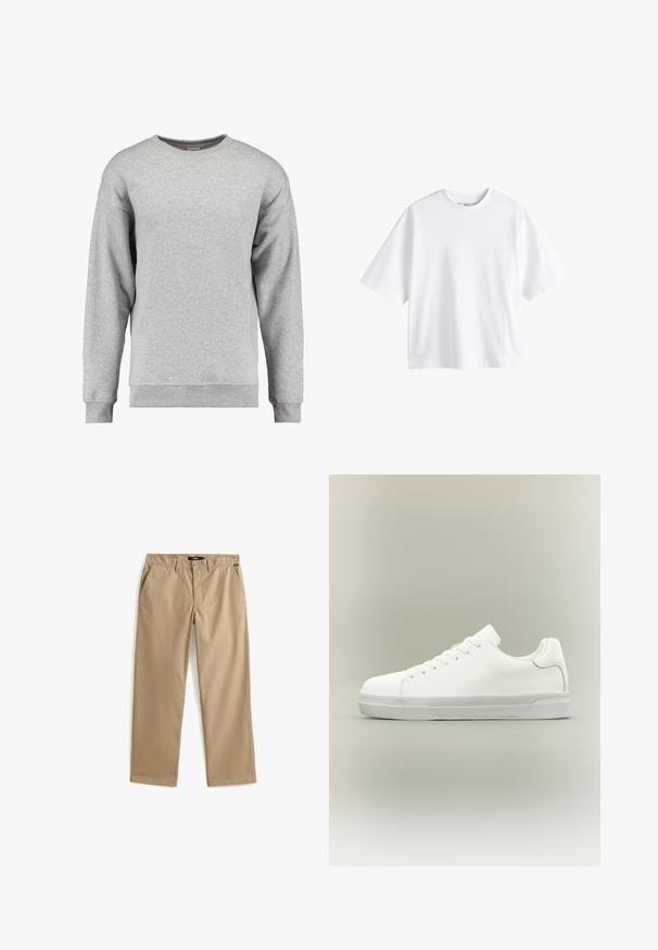 Grijze crewneck sweater gemaakt van zachte katoen. Heeft lange mouwen, ribbelboorden en een ribbelzoom, en heeft een eenvoudig, onopgesmukt ontwerp.; Next BOXY FIT - HEAVYWEIGHT T-SHIRT . - T-shirt basic - white; Beige recht gesneden chino's van lichtgewicht katoen. Voorzien van twee voorzakken en een knoopsluiting. Gladde textuur, minimale details.; Witte lage sneaker met veters aan de voorkant, gevoerde kraag en gerubberde zool met textuur, zijaanzicht op een neutrale achtergrond.