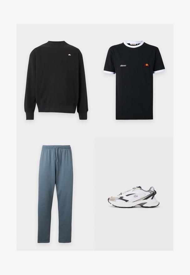 Sweat-shirt noir à manches longues avec col rond, poignets et ourlet côtelés, arborant un petit logo pêche sur le haut de la poitrine à gauche.; T-shirt noir à manches courtes avec bordure blanche sur le col et les manches, arborant un petit patch logo "ellesse" et un emblème demi-cercle orange et rouge.; Pantalon de survêtement à taille élastique bleu-gris avec cordon de serrage ajustable et jambes droites, présenté sur un fond blanc.; Chaussure de sport blanche avec des accents argent et noir, tige en mesh, semelle texturée et un design épuré avec un logo sur le côté.