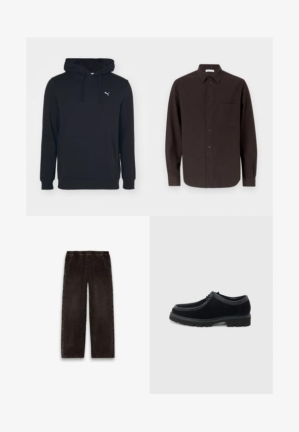 Sudadera negra de mezcla de algodón, con bolsillo frontal, capucha con cordones y pequeño logo blanco en el pecho. Textura suave.; Camisa de manga larga de algodón en marrón oscuro, con cuello puntiagudo, bolsillo frontal y cierre de botones clásico en la parte delantera.; Pantalones de pana marrón oscuro con cinturilla elástica y piernas rectas, mostrados extendidos sobre un fondo blanco.; Zapato negro de ante con cordones, suela gruesa de goma y puntera redondeada, mostrado de lado sobre un fondo gris claro.