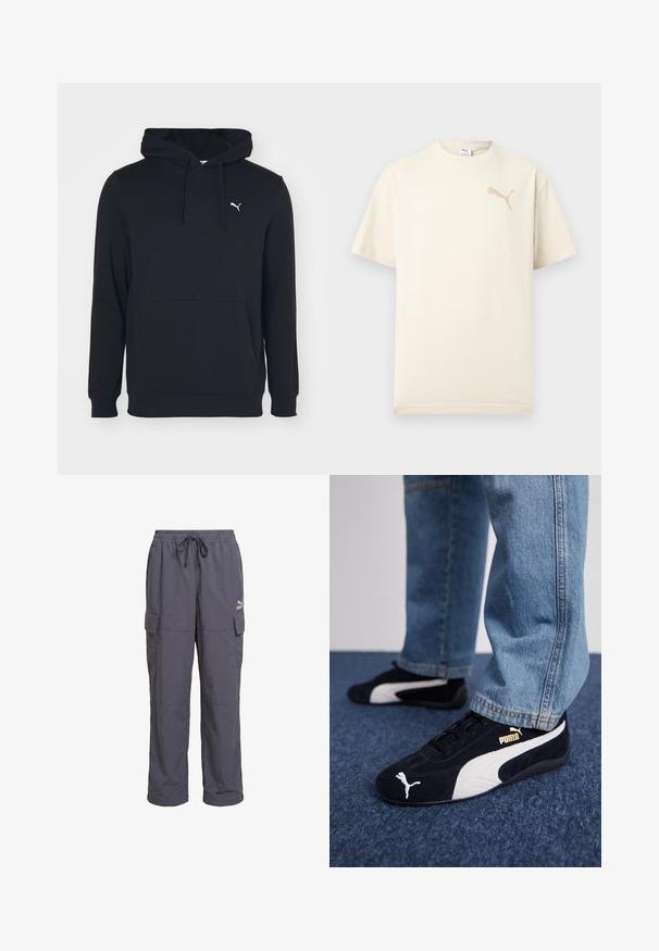 Sudadera negra de mezcla de algodón, con bolsillo frontal, capucha con cordones y pequeño logo blanco en el pecho. Textura suave.; Camiseta de manga corta color crema con logo beige de Puma en el pecho superior izquierdo y cuello redondo, mostrada sobre un fondo claro y sencillo.; Pantalones cargo de corte holgado en gris oscuro con cintura elástica, cordón y bolsillos con solapa en los laterales, con logo de Puma en el muslo derecho.; Zapatillas de ante negras con acentos blancos, que presentan un logo dorado. Combinadas con unos jeans de mezclilla azul claro y colocadas sobre una superficie texturizada azul.