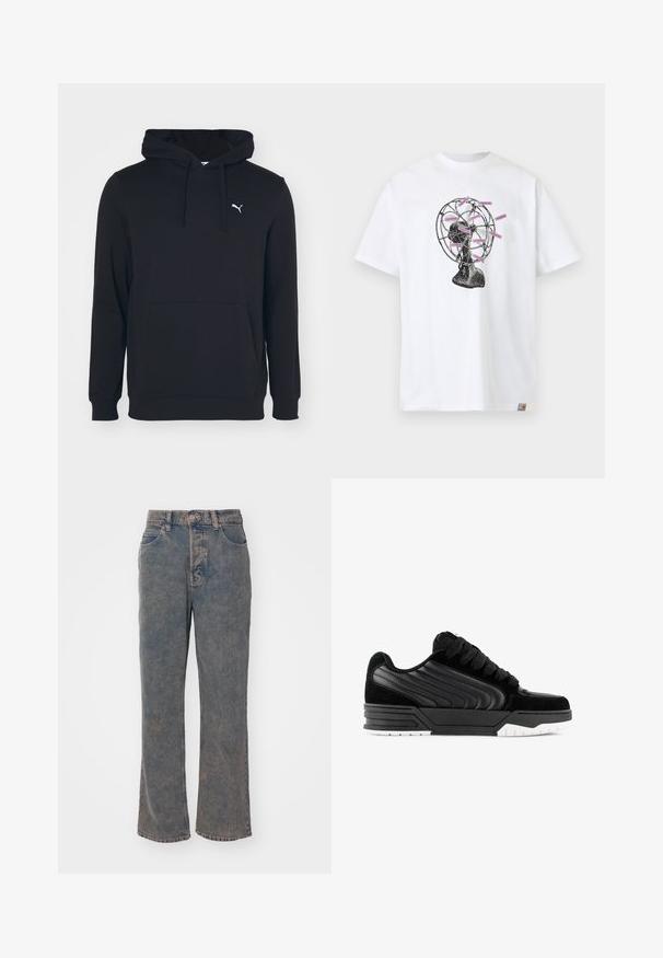 Sudadera negra de mezcla de algodón, con bolsillo frontal, capucha con cordones y pequeño logo blanco en el pecho. Textura suave.; Camiseta blanca con un gráfico de ventilador vintage en negro que presenta varias etiquetas rosas con la palabra "CARHARTT WIP" adheridas a las aspas del ventilador.; Jeans de pierna ancha en denim azul desgatado, que presentan un diseño clásico de cinco bolsillos, pasadores para cinturón y un cierre frontal de botón. Textura suave y corte recto.; Zapatillas negras con parte superior de ante y cuero sintético, paneles laterales texturizados, cordones gruesos negros y suela de goma blanca.