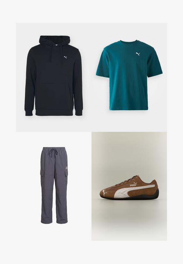 Sudadera negra de mezcla de algodón, con bolsillo frontal, capucha con cordones y pequeño logo blanco en el pecho. Textura suave.; Camiseta de algodón azul verdoso con mangas cortas, cuello redondo y un logo blanco de Puma en el lado izquierdo del pecho; textura suave y corte regular.; Pantalones cargo de corte holgado en gris oscuro con cintura elástica, cordón y bolsillos con solapa en los laterales, con logo de Puma en el muslo derecho.; Zapatilla de ante marrón con detalles en blanco y diseño texturizado. Cuenta con una suela de goma negra y un prominente logo de Puma en el lateral.