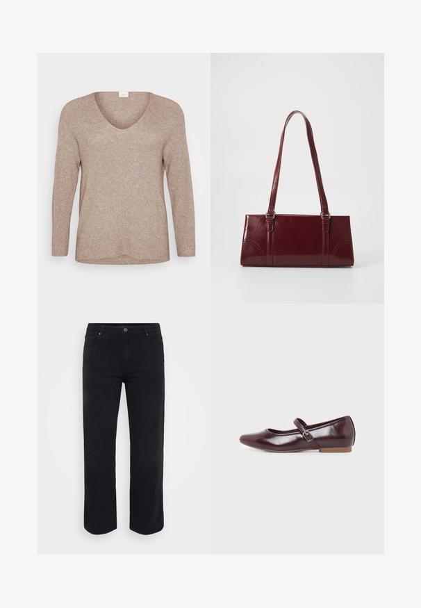 Lys brun, ribbet sweater med lange ærmer og V-udskæring. Glat tekstur med en afslappet pasform og lige kant. Ingen synlige mønstre eller accenter.; Sorte denimjeans med lige ben-design. Funktioner inkluderer en knaplukning i taljen, bæltestropper og front-/baglommer. Glat tekstur.; Bordeaux Mary Jane flad sko med rundet tå, skinnende finish, justerbar side-rem med sølvspænde og lav lysebrun sål.; Bordeaux håndtaske lavet af glansfuldt materiale, rektangulær form, med to skulderremme og subtile buede detaljer på forsiden.