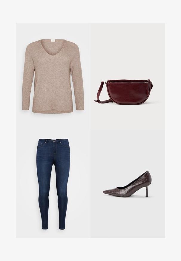 Lys brun, ribbet sweater med lange ærmer og V-udskæring. Glat tekstur med en afslappet pasform og lige kant. Ingen synlige mønstre eller accenter.; ONLY Carmakoma Skinny fit CARTHUNDER - Jeans Skinny Fit - dark blue denim; Brune kunstlæder stiletter med spidse tæer og krokodilletekstur, der har en slank, vinklet hæl og en glat inderside.; Vinrød læderhåndtaske med halvmåneform, lynlås og aftagelig rem. Glat tekstur med en subtil glans.
