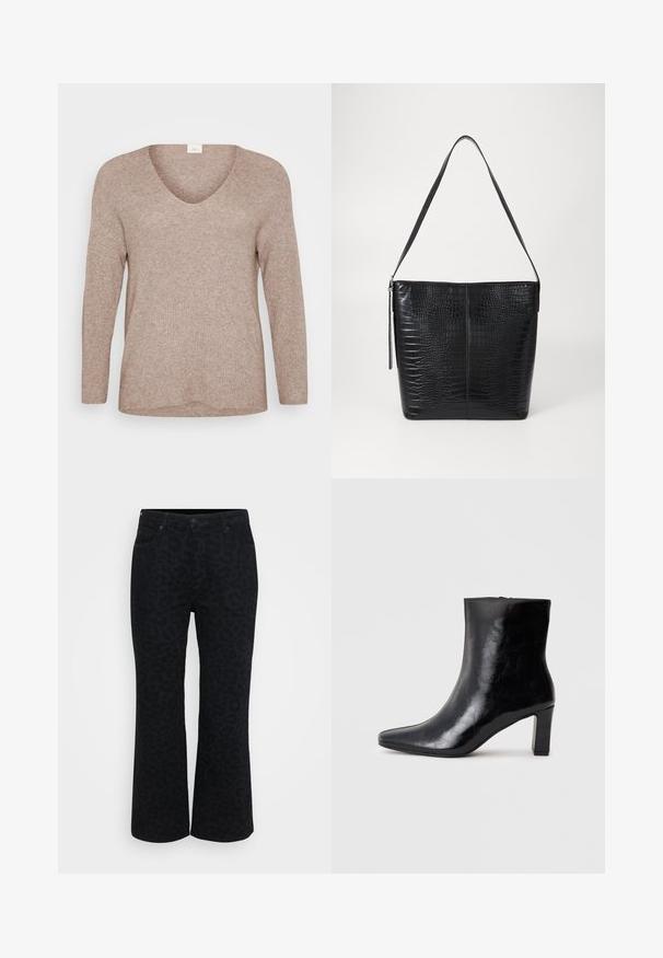 Lichtbruine, geribde sweater met lange mouwen en een V-hals. Glad textuur met een ontspannen pasvorm en een rechte zoom. Geen zichtbare patronen of accenten.; Zwarte luipaardprint flare jeans met vijf zakken, knoopsluiting, ritssluiting en textiel met structuur. Bevat een subtiel dierenpatroon.; Zwarte enkellaars gemaakt van glanzend leer, met een puntige neus en een gemiddelde blokhak, voorzien van een gladde textuur en een eenvoudig ontwerp.; Zwarte handtas van krokodillenleer met een platte vorm, verstelbare schouderband en ritssluiting. Gladde textuur met een gestructureerde vorm.