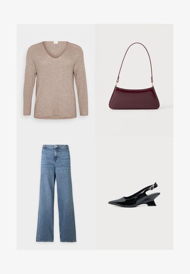 Lys brun, ribbet sweater med lange ærmer og V-udskæring. Glat tekstur med en afslappet pasform og lige kant. Ingen synlige mønstre eller accenter.; Blå højtaljede jeans med vide ben, forrest med knap- og lynlåslukning samt klassisk fem-lomme-design på ensfarvet baggrund.; Sort laklæder slingback sko med spids tå og lav vinklet blokhæl på ensartet lys baggrund.; Mørk burgunderglans håndtaske med et enkelt tyndt håndtag og en elegant, trapezformet form på en ensartet lys baggrund.