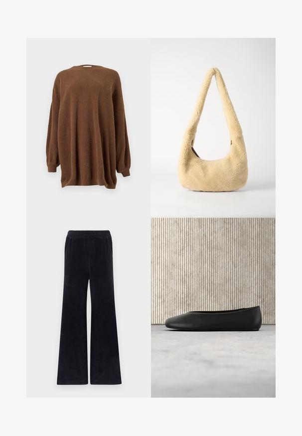 Pull marron à manches longues surdimensionné avec col rond et poignets côtelés, présenté sur un fond gris clair uni.; Pantalon noir à jambes larges en tissu doux, doté d'une taille élastique, d'une texture lisse, sans poches visibles ni accessoires.; Ballerine en cuir noir avec un bout arrondi, texture lisse et un accent logo doré sur le côté. Placée au-dessus d'une surface réfléchissante.; Sac à épaule en shearling beige avec une poignée incurvée et une forme arrondie. La texture est douce et pelucheuse, avec des accents matériels minimaux.