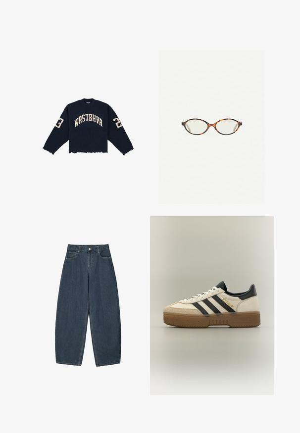 Navy ribbelgebreide trui met een cropped ontwerp, een rafelige zoom en gedurfde crèmekleurige letters "WRSTBHVR" en de cijfers "2" en "3" op de mouwen.; Donkerblauwe denim wijde broek met hoge taille, voorzien van vijf zakken en zichtbare stikseldetails. Schoon, minimaal ontwerp.; Witte Adidas sneaker met zwarte strepen, beige suède neus, bruine zool en "SPEZIAL" in gouden letters aan de zijkant.; Kattenoogbril met ovale lenzen en een strakke, gladde afwerking. Heeft dunne zijkanten met een subtiele kromming bij de slapen. Transparante lenzen.
