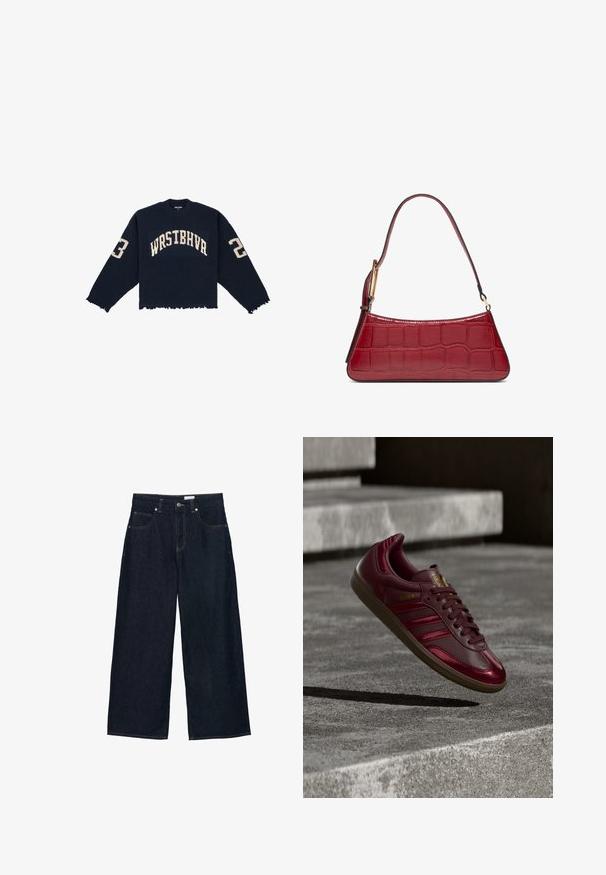 Marineblå ribstrikket sweater med cropped design, frynset kant og fed cremefarvet skrift "WRSTBHVR" samt tallene "2" og "3" på ærmerne.; Bredbenede mørk denimjeans med høj talje, der har fem lommer, kontrastsyninger og lukning med knap foran.; Bordeauxfarvet lædersneaker med tre mørke striber, guldbogstaver, tekstureret sål og en glat finish. Hævet op mod en betonbaggrund.; Lille rød håndtaske med krokodilletekstur og en enkelt strop med et guldbælte på en hvid baggrund.