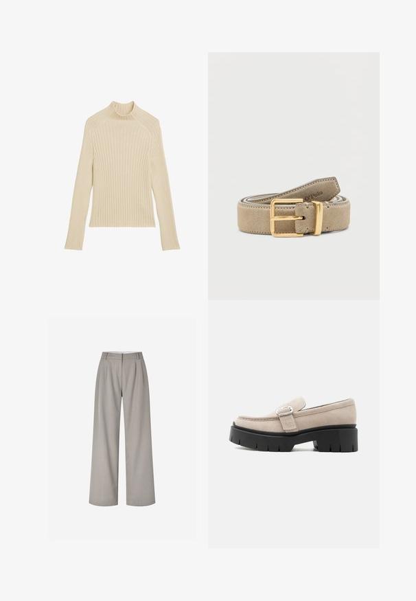 Ribbet strikket langærmet top i off-white med høj krave og slim fit. Har vertikal tekstur og en cropped kant.; Bukser med vide ben i lysegråt stof med skræddersyet design, der har forreste plisseringer, talje i midten og ingen synlige pynt.; Beige ruskindslipper med sølvspænde og tyk sort kraftig sål, set fra siden på hvid baggrund.; Lysebrunt ruskindsbælte med guldrektangulært spænde og keeper, rullet sammen med "O'Polo" præget nær enden.