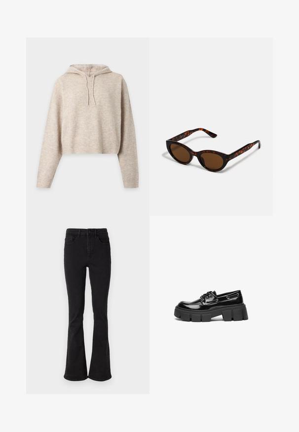 Beige strikket cropped hættetrøje med lange ærmer og snore, vist på en ensfarvet lys baggrund.; Sorte denim flare jeans med høj talje, der har fem lommer og en robust knaplukning. Glat tekstur med let stræk.; Sort laker i patenteret læder med en kraftig sort platformsål og dekorative øjer. Glat tekstur med rund tå og snøredetalje.; Brune skildpadde solbriller med en vintage katteøje-form og brune linser. Har buede arme med røde detaljer.