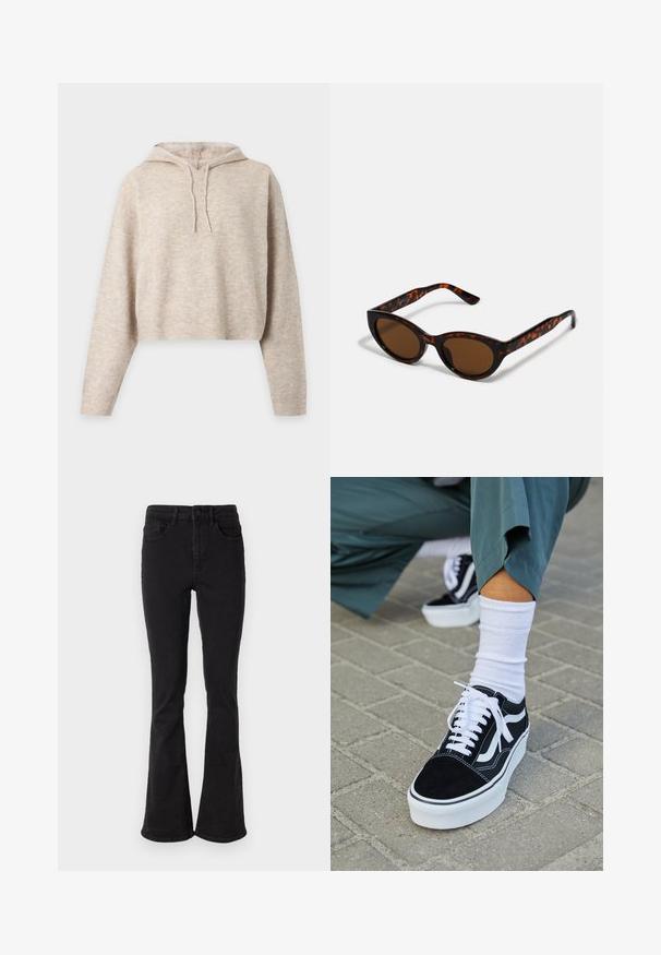 Beige neulottu lyhyt huppari pitkillä hihoilla ja kiristysnauhalla, esitetty yksinkertaisella vaalealla taustalla.; Mustat denimfarkut leveillä lahkeilla ja korkealla vyötäröllä, joissa on viisi taskua ja kestävä nappi. Tasainen rakenne, jossa on hieman joustavuutta.; Mustat mokkakengät valkoisilla yksityiskohdilla ja nauhoilla, joissa on paksu valkoinen pohja ja kontrastivärinen ommel, yhdistettynä valkoiseen sukkaan.; Ruske tortoiseshell sunčane naočale s vintage mačkastim oblikom i smešnim sočivima. Ima zakrivljene okvire s crvenim akcentima.