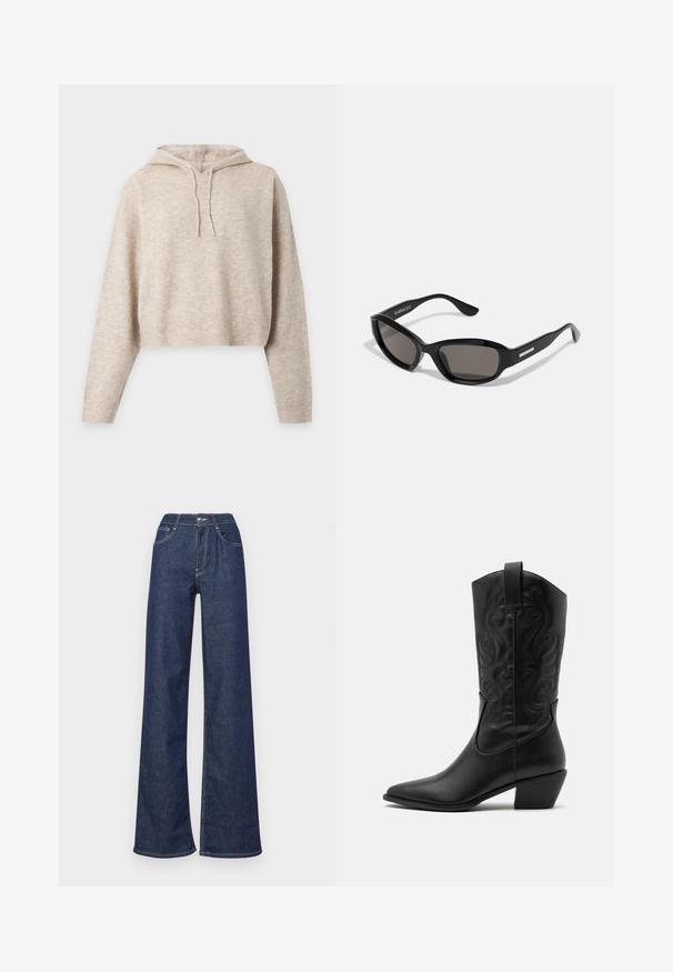 Beige strikket cropped hættetrøje med lange ærmer og snore, vist på en ensfarvet lys baggrund.; Bredbukser i denim i mørkeblå, med høj talje, frontlommer, synlige sømme og en ren afslutning ved sømmene.; Sorte læder cowboystøvler med spids tå, præget svungen mønster og en mid-højde hæl. Har en trækflap for nemt at tage på.; Sorte solbriller med rektangulært stel, mørke linser, glat plastmateriale og en metalaccent på templet.