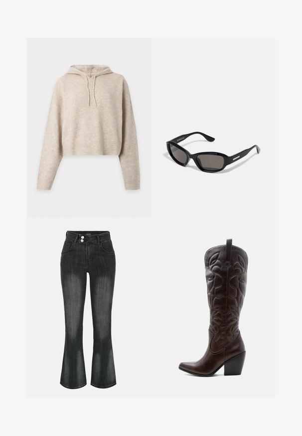 Beige strikket cropped hættetrøje med lange ærmer og snore, vist på en ensfarvet lys baggrund.; Sort vasket denim jeans med høj talje, dobbelt knaplukning, forlommer og let udvidede ben.; Høj mørkebrun læder cowboystøvle med syede dekorative mønstre, spids tå og stablet blokhæle.; Sorte solbriller med rektangulært stel, mørke linser, glat plastmateriale og en metalaccent på templet.