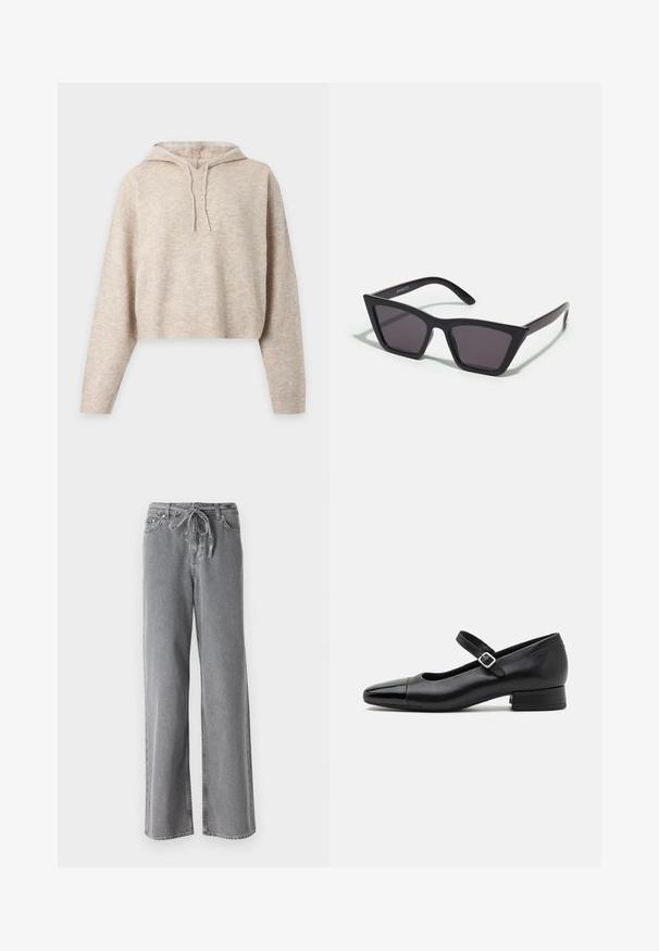 Beige gebreide cropped hoodie met lange mouwen en trekkoorden, getoond op een effen lichte achtergrond.; Grijze wijde spijkerbroek gemaakt van denim, met een koordjesband en twee voorkantzakken. De textuur is zacht, met een lichte vervaging.; Zwarte leren Mary Jane schoenen met een gepatenteerde neus, verstelbare enkelband en lage blokhak. Een gladde textuur en een elegante uitstraling.; Zwarte, hoekige zonnebril met grijze lenzen; gemaakt van plastic, met dikke armen met een gladde oppervlakte en zonder zichtbare hardware.