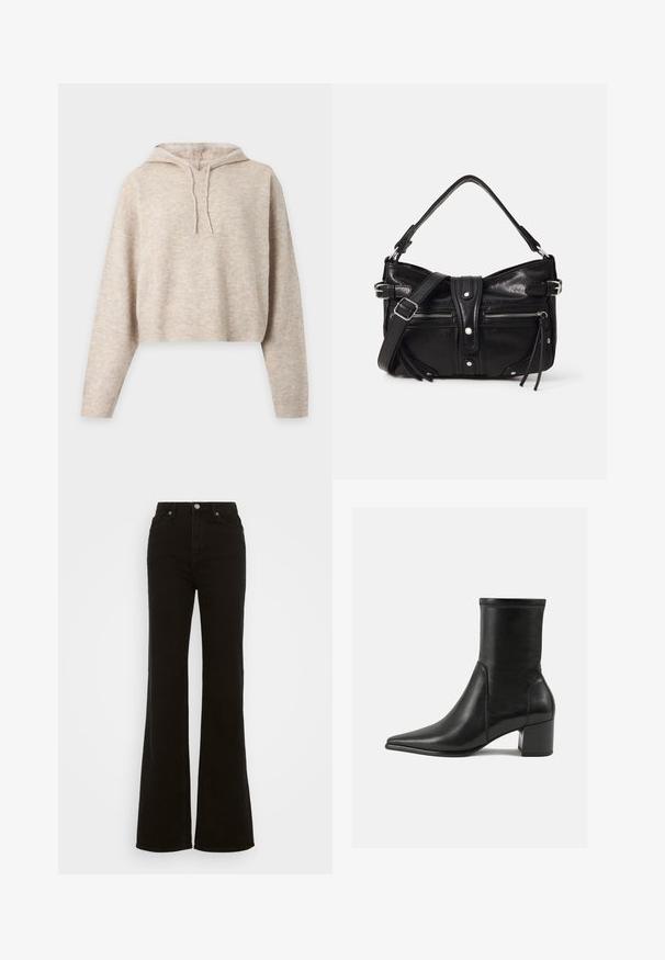 Beige strikket cropped hættetrøje med lange ærmer og snore, vist på en ensfarvet lys baggrund.; Høj talje sorte flare jeans lavet af denim, med knaplukning, sidelommer og en glat tekstur.; Sorte ankelstøvler lavet af glat læder, med spids tå, en blokhæl og markant hævet syning ved den øverste kant.; Even&Odd H24462 - Håndtasker - black