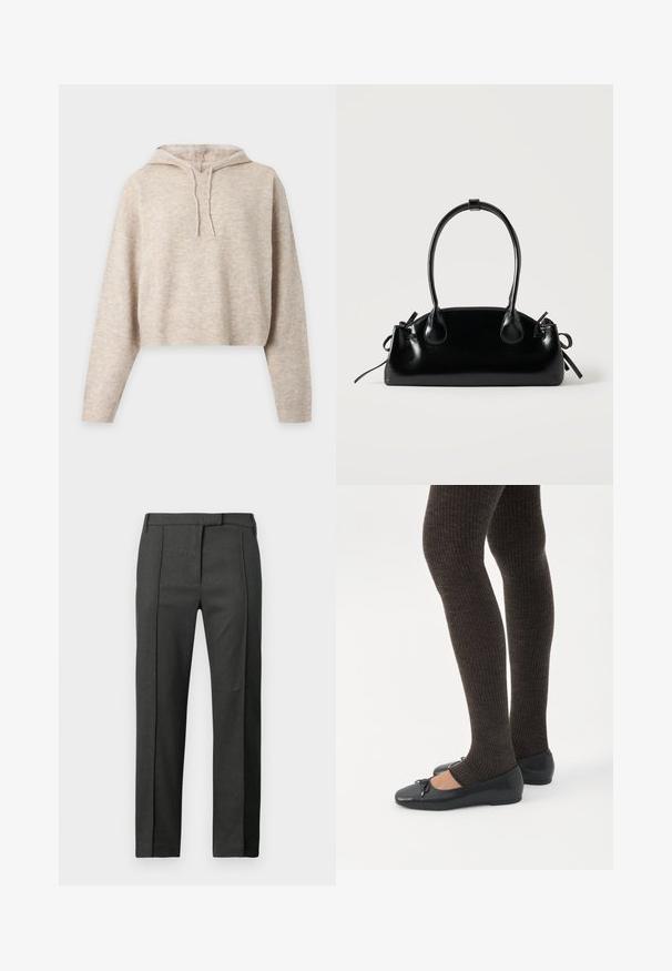 Sweat à capuche court en maille beige avec manches longues et cordons, présenté sur un fond clair uni.; Pantalons ajustés gris foncé avec pli à l'avant, passants de ceinture et fermeture avant dissimulée, présentés sur un fond blanc.; Jambes portant des leggings côtelés foncés associés à des ballerines noires avec de petits détails en nœud sur fond blanc.; Petit sac à main noir brillant avec deux longues anses et des détails à cordon sur les côtés sur un fond clair uni.