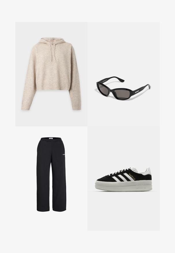 Sweat à capuche court en maille beige avec manches longues et cordons, présenté sur un fond clair uni.; Pantalon de survêtement noir à jambes droites avec taille élastique et petit logo blanc sur la cuisse supérieure, conçu pour un usage décontracté.; Baskets en daim noir avec des accents en cuir blanc, trois rayures blanches, lacets plats et une semelle épaisse en gris. Marquage doré "Gazelle".; Lunettes de soleil noires avec une monture rectangulaire, des verres sombres, un matériau plastique lisse et un accent métallique sur la branche.
