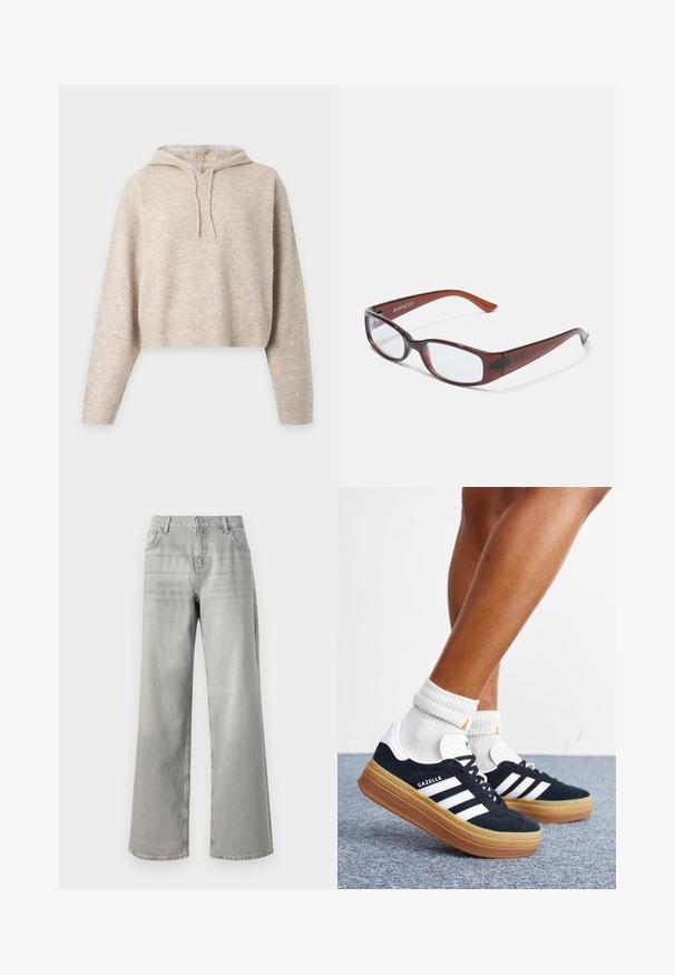 Beige gebreide cropped hoodie met lange mouwen en trekkoorden, getoond op een effen lichte achtergrond.; Grijze wijde jeans met hoge taille, gemaakt van denim. Heeft twee voorzakken en een strakke, onopgesmukte uitstraling.; Ben met witte sokken en zwarte Adidas Gazelle sneakers met witte strepen en dikke bruine zolen op een grijs tapijt.; Bruin getinte rechthoekige brillen met een glanzende afwerking, met slanke pootjes en doorzichtige glazen. Logo zichtbaar op de linkertempel.