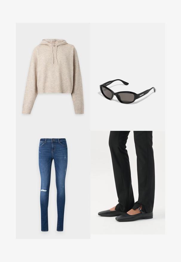 Sweat à capuche court en maille beige avec manches longues et cordons, présenté sur un fond clair uni.; Jean skinny fit bleu foncé avec un délavage dégradé, genou déchiré et design à cinq poches. Fabriqué en denim avec une légère élasticité.; Jambes vêtues d’un pantalon slim noir avec des fentes à l’avant de l’ourlet, assorties à des chaussures plates Mary Jane noires avec une petite bride à boucle.; Lunettes de soleil noires avec une monture rectangulaire, des verres sombres, un matériau plastique lisse et un accent métallique sur la branche.
