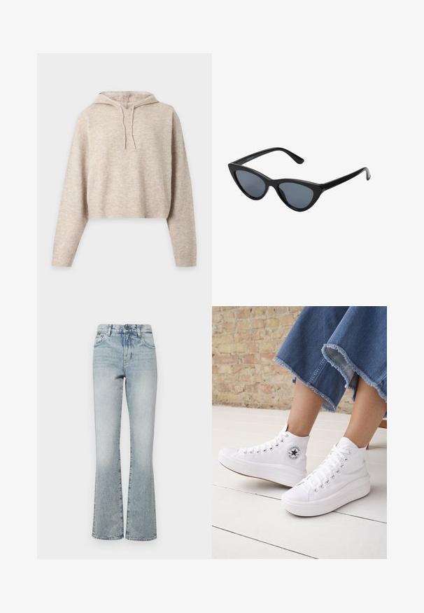 Sweat à capuche court en maille beige avec manches longues et cordons, présenté sur un fond clair uni.; Jeans évasés en denim délavé avec taille haute, comportant cinq poches et un matériel minimal. Le tissu a une texture lisse et une finition décolorée.; Personne portant des baskets Converse blanches montantes avec des semelles épaisses et un jean bleu court à ourlet effiloché, contre un mur en briques et un sol blanc.; Lunettes de soleil noires en forme d'œil de chat avec des verres gris foncé, monture en plastique élégante, coins pointus et branches droites. Pas de métal visible ni d'accents.