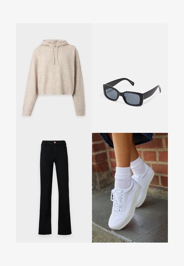Sweat à capuche court en maille beige avec manches longues et cordons, présenté sur un fond clair uni.; Jean droit noir taille haute avec poches avant plaquées et fermeture à bouton en cuivre sur un fond neutre.; Baskets en toile blanches avec semelles en caoutchouc, dotées de six œillets, d'un bout rond et de détails de couture légers, portées avec des chaussettes blanches mi-mollet.; Lunettes de soleil rectangulaires noires avec des verres teintés foncés, monture en plastique épaisse et branches larges. Surface lisse et design angulaire.