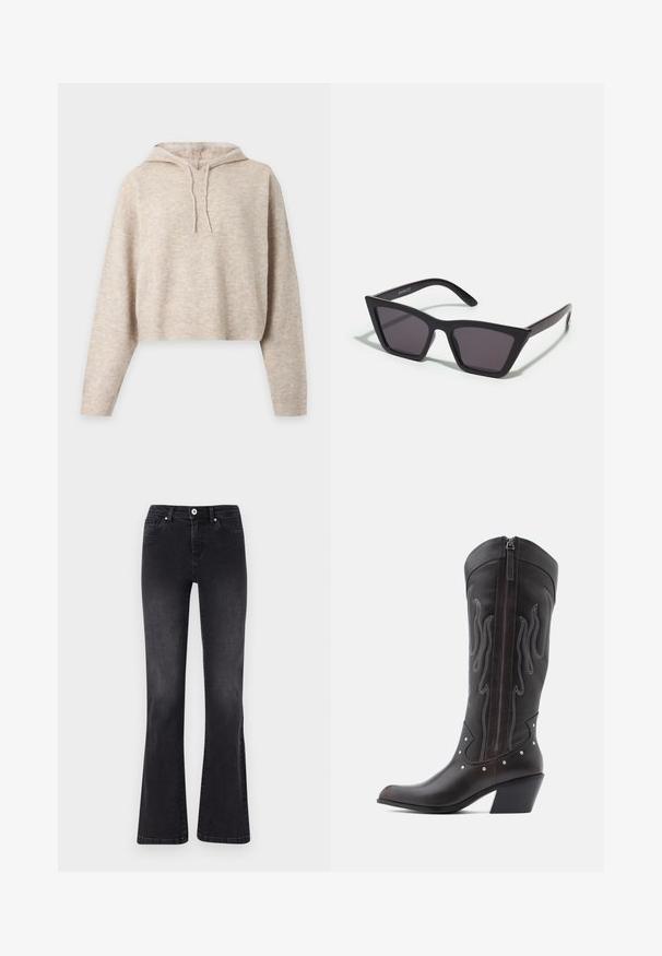 Beige strikket cropped hættetrøje med lange ærmer og snore, vist på en ensfarvet lys baggrund.; Sorte flagrende jeans lavet af denim, med knaplukning, fem lommer og subtil falming. Syet detaljer langs sømmene.; Brune læder cowboystøvler med flammebroderi, sidelukning med lynlås, sølvnitter, spids snude og lagdelt hæl.; Sorte, kantede solbriller med grå linser; lavet af plast, med tykke stænger med en glat overflade og ingen synlig hardware.