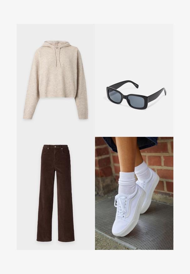 Sudadera corta de punto beige con capucha, mangas largas y cordones, mostrada sobre un fondo liso y claro.; Vero Moda VMTESSA WIDE PANTS - Pantalones - chocolate torte; Zapatillas de lona blancas con suelas de goma, que presentan seis ojales, puntera redonda y detalles de costura ligera, combinadas con calcetines blancos hasta el tobillo.; Gafas de sol rectangulares negras con lentes oscuros, montura de plástico grueso y patillas anchas. Superficie lisa y diseño anguloso.