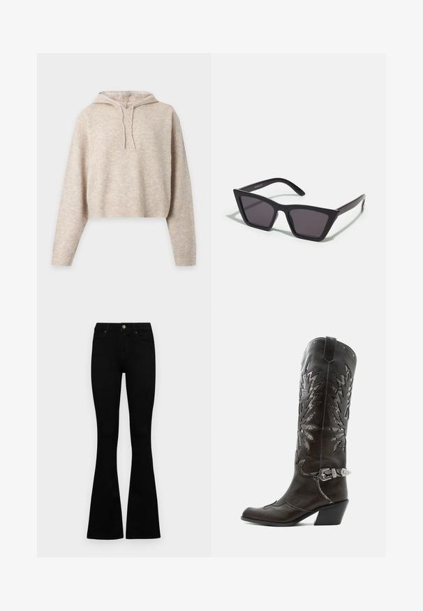 Sweat à capuche court en maille beige avec manches longues et cordons, présenté sur un fond clair uni.; Jean noir taille haute avec fermeture à bouton et à zip, poches avant et jambes évasées, posés à plat sur un fond blanc.; Botte de cowboy en cuir noir avec découpes décoratives, boucle argentée et talon incliné, présentée sur fond blanc.; Lunettes noires angulaires avec des verres gris ; fabriquées en plastique, avec des branches épaisses à la surface lisse et sans matériel visible.