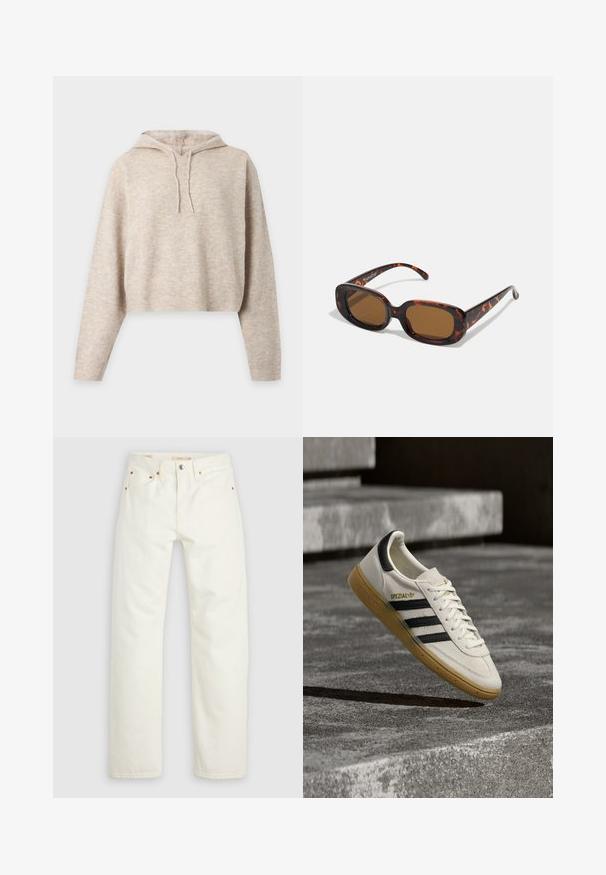 Beige gebreide cropped hoodie met lange mouwen en trekkoorden, getoond op een effen lichte achtergrond.; Witte denim spijkerbroek met rechte pijpen, knoop- en ritssluiting, voor- en achterzakken en koperen klinknagelaccenten.; Witte Adidas Spezial sneaker met zwarte strepen en gumzool, zwevend boven grijze stenen trappen buiten.; Schildpad zonnebril met een rechthoekige vorm, bruine lenzen, een gladde kunststof montuur en dunne veren met subtiele tonale patronen.