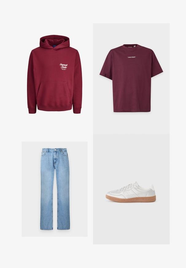 Μπλούζα με κουκούλα μπορντό, με εμπρόσθια τσέπη και λευκό κείμενο «Originals Studio» τυπωμένο στο αριστερό μέρος του στήθους.; Σκούρο κόκκινο T-shirt με κοντά μανίκια και στρογγυλή λαιμόκοψη με μικρό λευκό κείμενο "Leave blank" στο κέντρο του στήθους σε απλό φόντο.; Ανοιχτό μπλε τζιν παντελόνι με ίσια γραμμή, κουμπί μπροστά και τσέπες, εμφανίζεται σε απλό λευκό φόντο.; Ασημένια αθλητικά παπούτσια με λεία υφή, σχέδιο με κορδόνια, τρυπητές λεπτομέρειες και υφή από καφέ καουτσούκ.