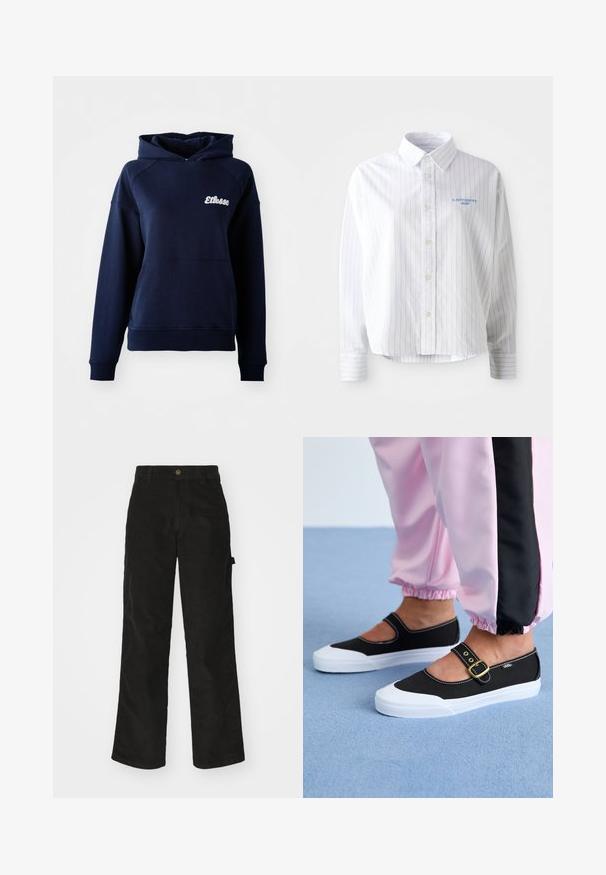 Sudadera con capucha de color azul marino hecha de material suave. Cuenta con un bolsillo frontal y un logo blanco en el pecho. Puños y dobladillo acanalados.; Camisa blanca de botones con rayas verticales en azul claro, un cuello puntiagudo y un pequeño logo azul en el lado izquierdo del pecho. Tejido de algodón, corte relajado.; Pantalones de pana negros con un diseño de pierna recta, que presentan un cierre de botón y bolsillo lateral. Textura suave con finas rayas verticales.; Zapatillas de lona negras con suela blanca, con un diseño recortado y una correa con hebilla dorada. Combinadas con pantalones de chándal rosas.
