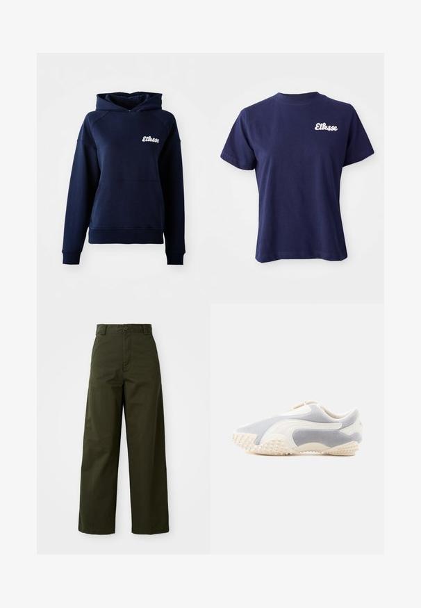 Navyblauwe hoodie van zacht materiaal. Bevat een voorzak en een wit logo op de borst. Geribde boorden en zoom.; Marineblauwe katoenen t-shirt met korte mouwen, ronde halslijn en witte "Ellesse" logo geborduurd op de linkerkant van de borst.; Olijfgroene wijde broek van stevige katoen. Voorzien van een knoopsluiting, een gebonden tailleband en een rechte snit zonder zichtbare patronen.; Sportschoen in lichtgrijs suede met witte leren accenten. Heeft een gestructureerde zool met kleine spikes voor grip. Instapontwerp.