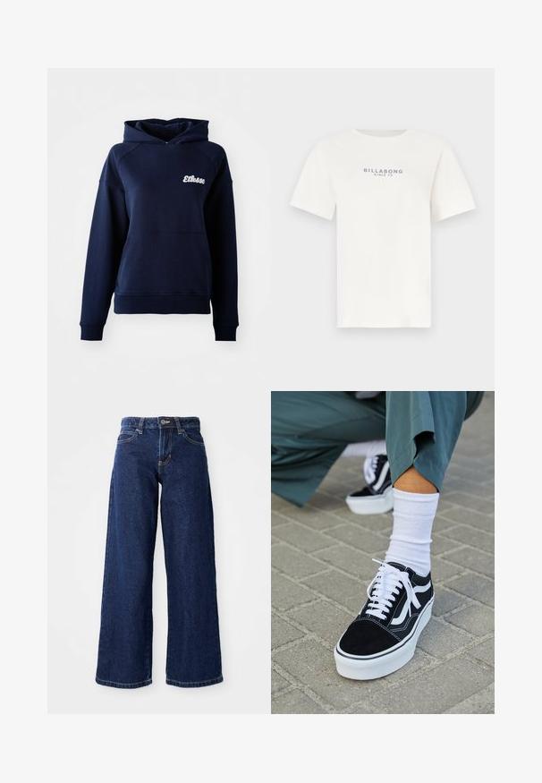 Mørkeblå hættetrøje lavet af blødt materiale. Har en frontlomme og et hvidt logo på brystet. Ribbet ved håndledene og kanten.; Hvid bomulds t-shirt med korte ærmer og rund hals, med blå tekst "BILLABONG SINCE 73" centreret på brystet. Blød, glat tekstur.; Mørkeblå vide jeans lavet af denim, med knap- og lynlåslukning, bæltesløjfer og klassisk fem-lomme design.; Sorte ruskinds sneakers med hvide accenter og snørebånd, der har en tyk hvid sål og kontrasterende syninger, parret med en hvid sok.