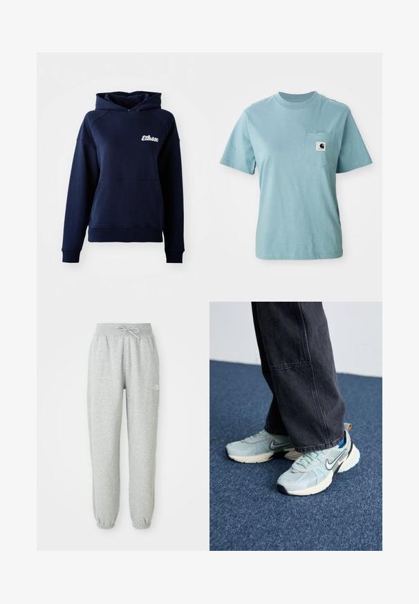 Dunkelblaues Kapuzensweatshirt aus weichem Material. Mit einer Fronttasche und einem weißen Logo auf der Brust. Gerippte Bündchen und Saum.; Helles blaues, kurzärmliges Baumwoll-T-Shirt mit Brusttasche, das mit einem kleinen schwarz-weißen Carhartt-Logo-Patch versehen ist.; Graue Sweatpants mit einem elastischen Bund und Kordelzug. Der Stoff ist weich, mit elastischen Bündchen an den Knöcheln und einem Logo-Detail.; Himmelblaue Mesh-Nike-Sneaker mit strukturiertem Finish, schwarzem Swoosh und cremefarbener Zwischensohle, kombiniert mit dunkelgrauen weiten Hosen.
