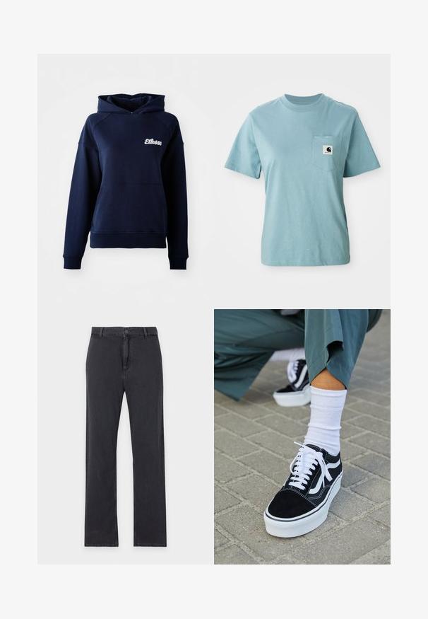 Sudadera con capucha de color azul marino hecha de material suave. Cuenta con un bolsillo frontal y un logo blanco en el pecho. Puños y dobladillo acanalados.; Camiseta de algodón de manga corta color azul claro con bolsillo en el pecho que presenta un pequeño parche del logotipo en blanco y negro de Carhartt.; Vaqueros negros de pierna recta con cierre frontal de botón y cremallera, trabillas para cinturón y diseño clásico de cinco bolsillos, extendidos planos sobre fondo blanco.; Zapatillas de ante negro con acentos y cordones blancos, que cuentan con una gruesa suela blanca y costuras en contraste, combinadas con un calcetín blanco.