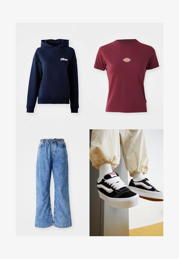 Navyblauwe hoodie van zacht materiaal. Bevat een voorzak en een wit logo op de borst. Geribde boorden en zoom.; Bordeauxkleurig T-shirt met korte mouwen, gemaakt van katoen, met een ronde hals en een klein multicolore 'Dickies' logo op de borst.; Lichtblauwe denim wijde broek met een elastische tailleband en een koord. Bevat dubbeldikte naden en een ruwe zoom. Geen zichtbare zakken.; Persoon die zwart-witte Vans sneakers draagt met witte veters, witte sokken en beige broek met elastische manchetten.