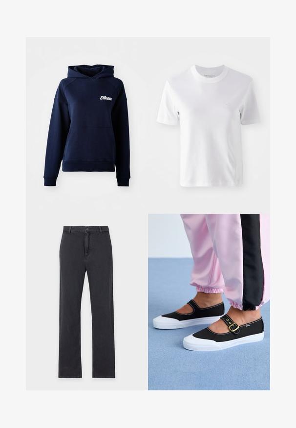 Sudadera con capucha de color azul marino hecha de material suave. Cuenta con un bolsillo frontal y un logo blanco en el pecho. Puños y dobladillo acanalados.; Camiseta de algodón blanca de manga corta con cuello redondo y un pequeño logo bordado en el pecho, de textura suave y diseño sencillo.; Vaqueros negros de pierna recta con cierre frontal de botón y cremallera, trabillas para cinturón y diseño clásico de cinco bolsillos, extendidos planos sobre fondo blanco.; Zapatillas de lona negras con suela blanca, con un diseño recortado y una correa con hebilla dorada. Combinadas con pantalones de chándal rosas.