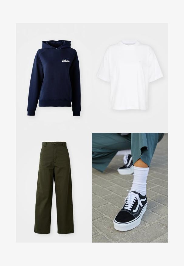 Navyblauwe hoodie van zacht materiaal. Bevat een voorzak en een wit logo op de borst. Geribde boorden en zoom.; Witte katoenen t-shirt met een ronde hals, korte mouwen en een ontspannen pasvorm. Heeft een subtiel logo op het linkerborstgedeelte. Zachte textuur.; Olijfgroene wijde broek van stevige katoen. Voorzien van een knoopsluiting, een gebonden tailleband en een rechte snit zonder zichtbare patronen.; Zwarte suède sneaker met witte accenten en veters, uitgerust met een dikke witte zool en contrasterende stiksels, gecombineerd met een witte sok.