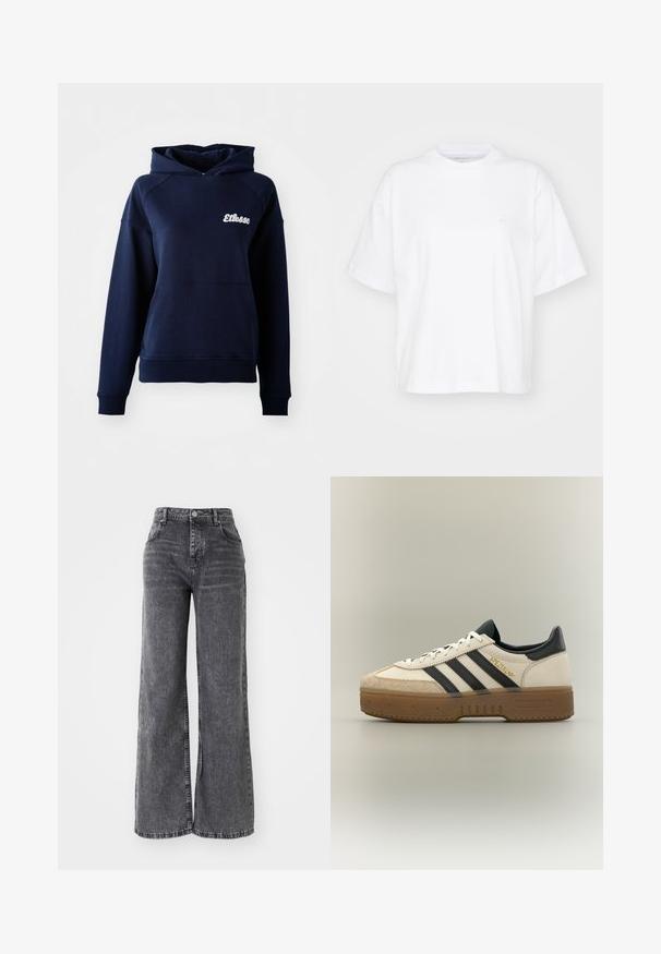 Sudadera con capucha de color azul marino hecha de material suave. Cuenta con un bolsillo frontal y un logo blanco en el pecho. Puños y dobladillo acanalados.; Camiseta de algodón blanca con cuello redondo, mangas cortas y un corte relajado. Presenta un logo sutil en el área del pecho izquierdo. Textura suave.; Pantalones de mezclilla gris de pierna ancha con cintura alta, que presentan un diseño tradicional de cinco bolsillos y un acabado sutilmente desteñido.; Zapatilla blanca Adidas con rayas negras, puntera de ante beige, suela marrón y "SPEZIAL" en letras doradas en el lateral.