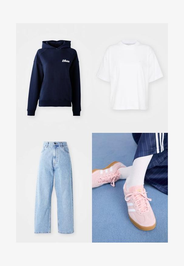 Sudadera con capucha de color azul marino hecha de material suave. Cuenta con un bolsillo frontal y un logo blanco en el pecho. Puños y dobladillo acanalados.; Camiseta de algodón blanca con cuello redondo, mangas cortas y un corte relajado. Presenta un logo sutil en el área del pecho izquierdo. Textura suave.; Jeans de mezclilla de tiro alto en color azul claro, con piernas rectas y anchas, cierre frontal con botón y cremallera, y bolsillos delanteros y traseros.; Zapatillas de suéd de color rosa claro con rayas y cordones blancos, que presentan una lengüeta texturada y una suela de goma, colocadas sobre una alfombra azul.