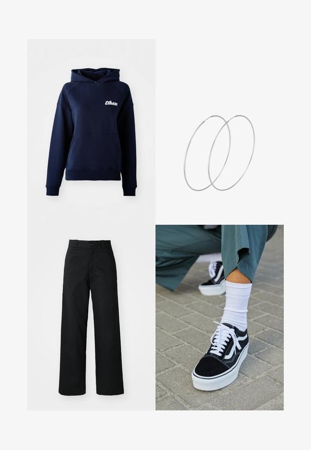 Dunkelblaues Kapuzensweatshirt aus weichem Material. Mit einer Fronttasche und einem weißen Logo auf der Brust. Gerippte Bündchen und Saum.; Schwarze weit geschnittene Hose mit flachem Vorderteil, Knopfverschluss und Gürtelschlaufen. Hergestellt aus strapazierfähigem Stoff mit glatter Textur.; Schwarze Wildledersneaker mit weißen Akzenten und Schnürsenkeln, ausgestattet mit einer dicken weißen Sohle und kontrastierenden Nähten, kombiniert mit einer weißen Socke.; Silberne Creolen mit minimalistischem Design. Rundform, glatte Oberfläche und dünnes Profil. Leichtgewichtig mit hochglänzender Oberfläche.