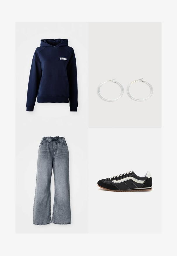 Tumedast sinine kapuutsiga sviiter, mis on valmistatud pehmest materjalist. Sellel on eesmine tasku ja valge logo rinnal. Ribiga mansetid ja allserv.; Hallid hallid laiad denim-püksid elastse vöökoha, paelaga sulgemise ja küljetaskutega. Kanga peal on tuhm tekstuur.; Must must ja nailonist tossud, millel on valge küljeriba, valged nööbid ja kummist sole, madala profiiliga disain.; Paari läikiva hõbedase rõngaskujulise kõrvarõngastega, millel on õhukesed traatlukkud, kuvatud heleda halli taustal.