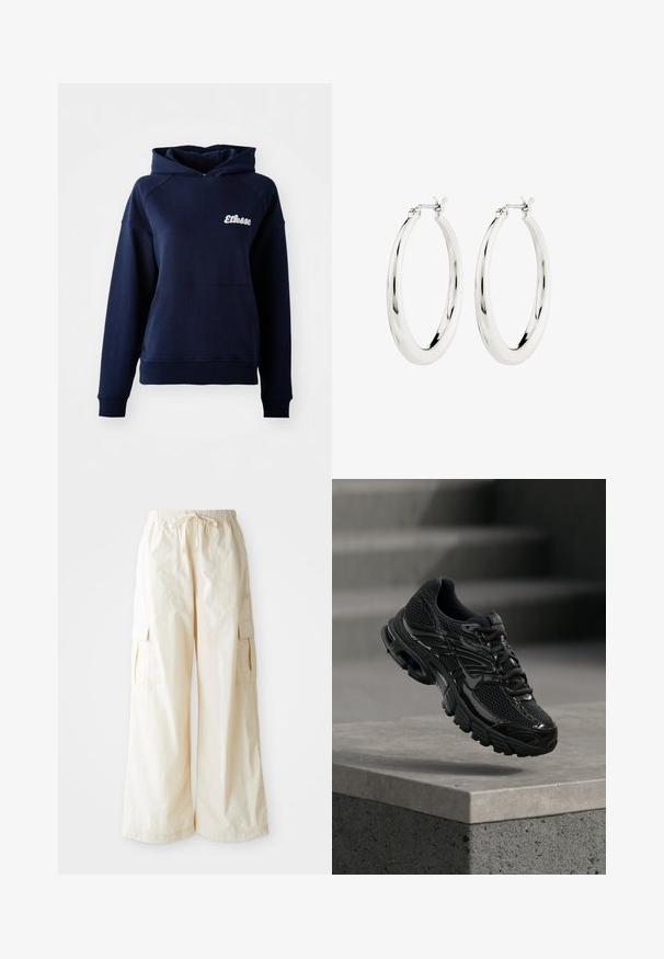 Mørkeblå hættetrøje lavet af blødt materiale. Har en frontlomme og et hvidt logo på brystet. Ribbet ved håndledene og kanten.; Bredde cargo bukser i lys beige stof med elastisk talje, snøre lukning og sidelommer. Glat tekstur med minimal detaljer.; Sort Nike løbesko med mesh og syntetisk overdel, der svæver over en betonoverflade og trin i baggrunden.; Sølvøreringe i form af hoops med en glat, blank finish. Cirkulær form, der har en sikker lås. Simpelt og elegant design.