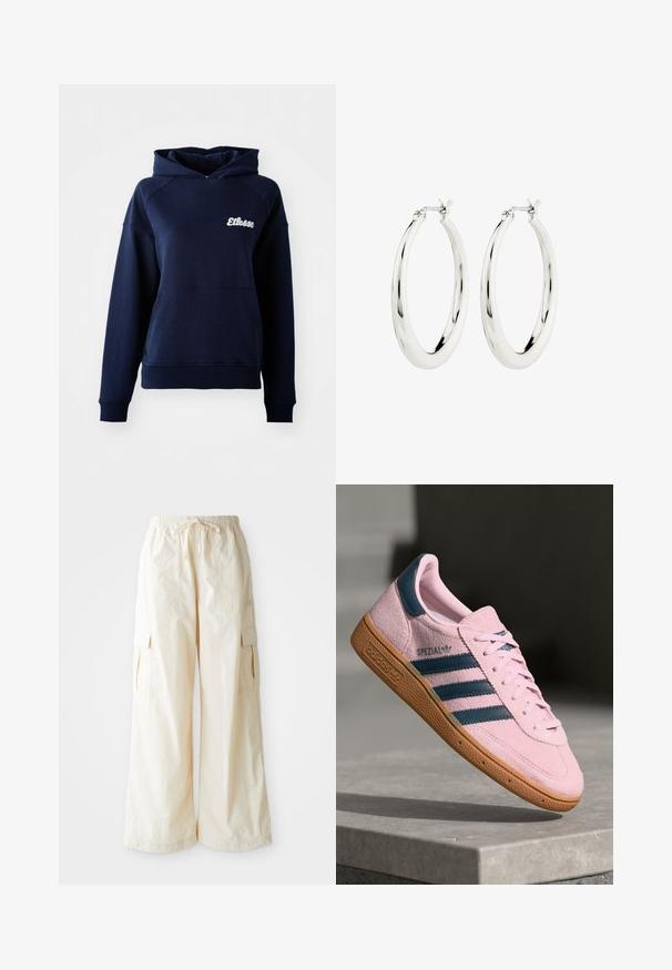 Sweatshirt à capuche bleu marine en matériau doux. Il présente une poche avant et un logo blanc sur la poitrine. Poignets et ourlet en côtes.; Pantalons cargo à jambes larges en tissu beige clair avec une taille élastique, un cordon de serrage et des poches latérales. Texture douce avec un minimum de détails.; Baskets en daim rose clair avec trois rayures bleu marine, semelle en caoutchouc et lacets rose clair. Présente un logo "SPEZIAL" sur le côté.; Boucles d'oreilles créoles en argent avec une finition lisse et brillante. Forme circulaire, dotée d'un fermoir sécurisé. Design simple et élégant.