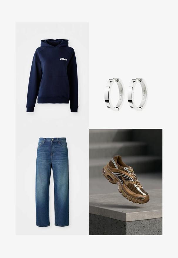 Dunkelblaues Kapuzensweatshirt aus weichem Material. Mit einer Fronttasche und einem weißen Logo auf der Brust. Gerippte Bündchen und Saum.; Blaue Jeans aus Denim, weit geschnitten, mittelhoher Bund, dezente Ausbleichungen, im fünf-Taschen-Stil, mit Knopf- und Reißverschluss, gerader Saum.; Brauner und beiger Nike-Sneaker mit Mesh- und reflektierenden Details schwebt über einer Betonkante vor einem verschwommenen grauen Hintergrund.; Ein Paar polierte silberne Creolen mit Scharnierverschluss, innen mit dem Markennamen „PILGRIM“ graviert.