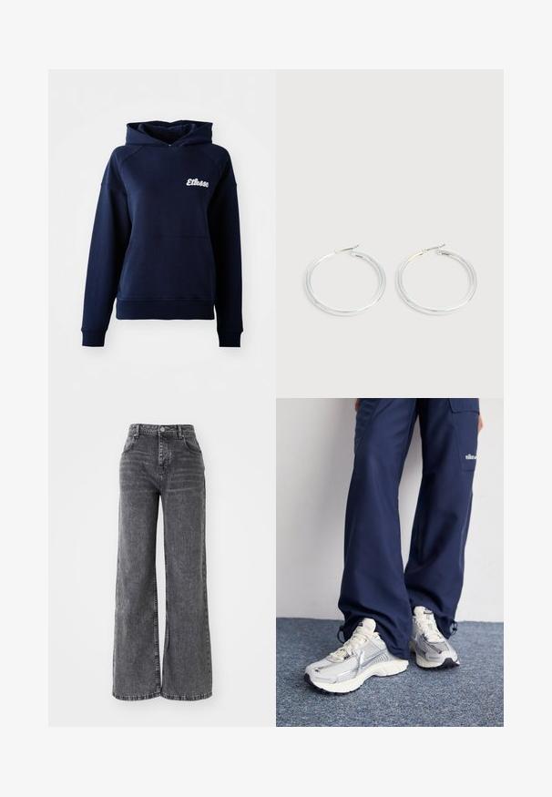 Dunkelblaues Kapuzensweatshirt aus weichem Material. Mit einer Fronttasche und einem weißen Logo auf der Brust. Gerippte Bündchen und Saum.; Weit geschnittene graue Denim-Hosen mit hoher Taille, die über die klassische Fünf-Taschen-Optik verfügen und ein dezentes, ausgewaschenes Finish aufweisen.; Nike Sportschuhe mit einem silbernen Mesh-Obermaterial, weißen Akzenten und strukturierten Sohlen, kombiniert mit locker sitzenden marineblauen Hosen.; Paar glänzende silberne Creolen mit dünnen Drahtverschlüssen, dargestellt vor einem hellgrauen Hintergrund.